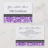 Salon-Geschenk-Zertifikat-lila schwarzer Damast Rabattkarte (Vorne/Hinten)