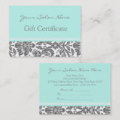 Salon Gift Certificate Aqua Grau Damask Rabattkarte (Vorne/Hinten)