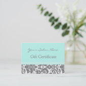 Salon Gift Certificate Aqua Grau Damask Rabattkarte (Stehend Vorderseite)