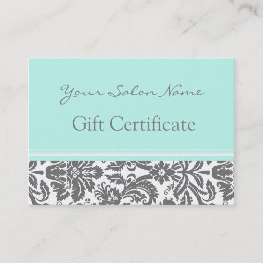 Salon Gift Certificate Aqua Grau Damask Rabattkarte (Vorderseite)