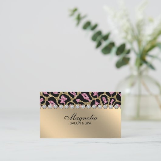 Salon Glitzer Leopard Gold Pink Business Card Visitenkarte (Stehend Vorderseite)