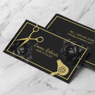 Salon Gold Schere & Dryer Black Floral Visitenkarte