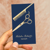 Salon Gold Scissor & Comb Navy Blue Hair Stylist Visitenkarte