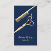 Salon Gold Scissor & Comb Navy Blue Hair Stylist Visitenkarte (Vorderseite)