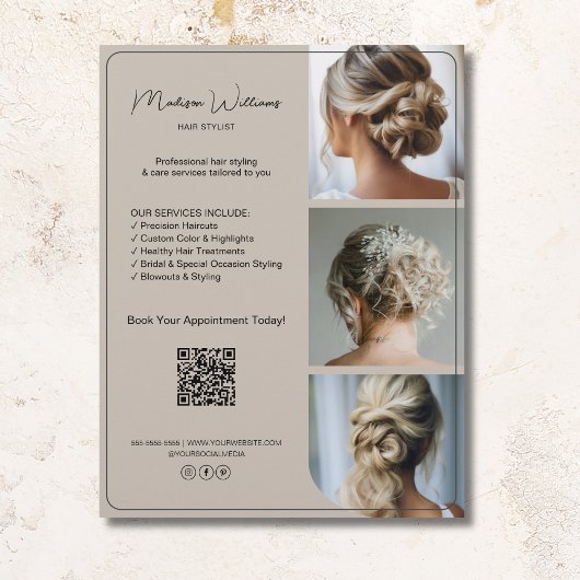 Salon Hair Stylist Services 3 Fotos QR Beige Flyer