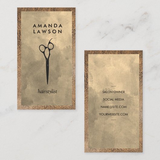 Salon-Schere-Logo | Wasserfarbe und Leder Visitenkarte (Vorne/Hinten)