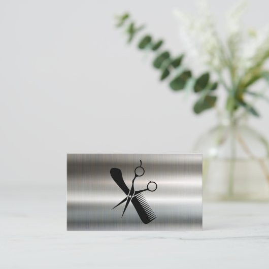 Salon-Schere und Comb-Logo | Metallic Visitenkarte (Stehend Vorderseite)