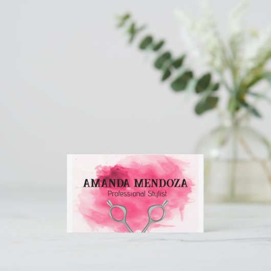 Salon Scissors | Artistic Red Watercolor Visitenkarte (Stehend Vorderseite)