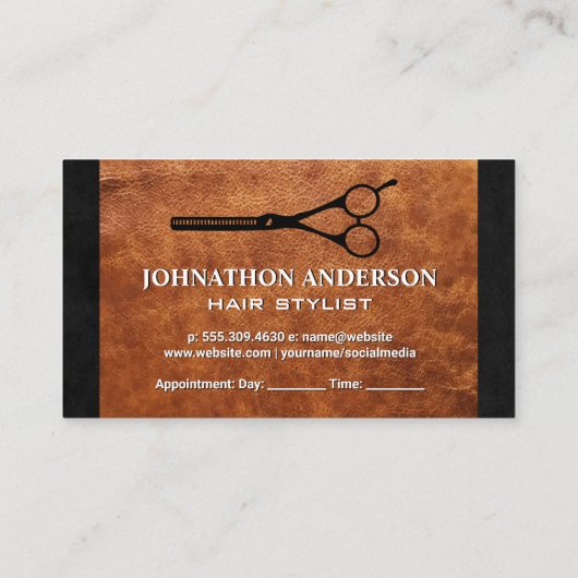 Salon Scissors | Braunleder Textur Terminkarte (Rückseite)