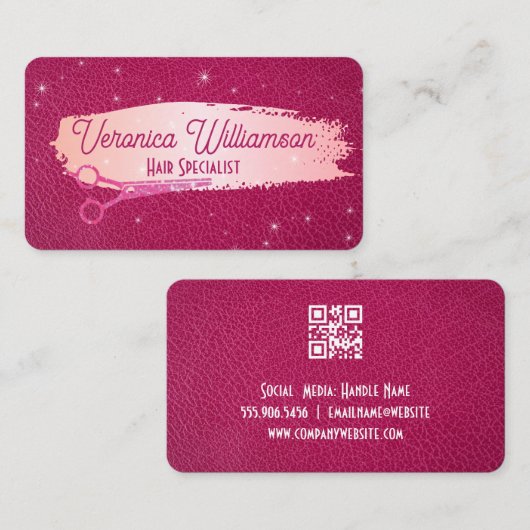 Salon Scissors | Rosa Leder | Glitzern Visitenkarte (Vorne/Hinten)