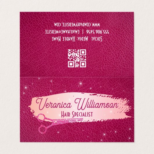 Salon Scissors | Rosa Leder | Glitzern Visitenkarten (Außenseite Aufgefaltet)