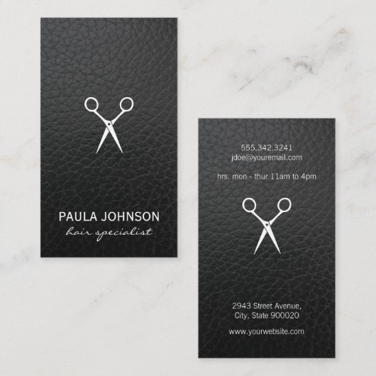 Salon Shears Lush Black Leather Print Visitenkarte (Vorne/Hinten)