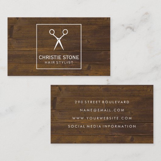 Salon Shears Rustic Wood White Box Visitenkarte (Vorne/Hinten)