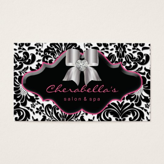 Salon Spa Jewelry Business Card Pink Damask Bow Visitenkarte