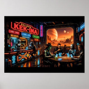 Saloon Cyberpunk Western Sci-Fi Bar Neon Planet Poster