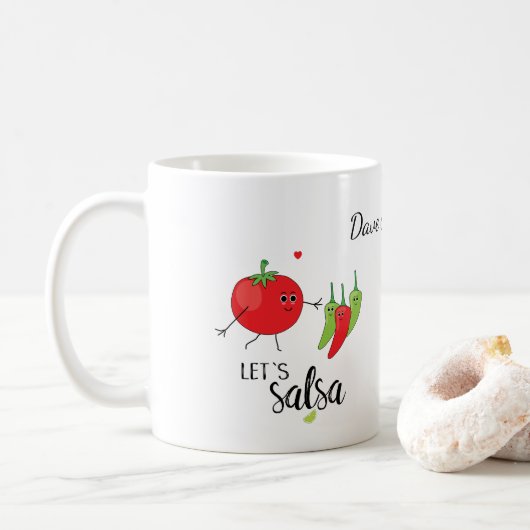 Salsa tanzende Tomaten und Chillies Food Pun Graph Kaffeetasse (Mit Donut)