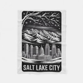 Salt Lake City Skyline Black and White Woodcut  Fleecedecke