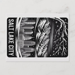 Salt Lake City Skyline Black and White Woodcut  Postkarte