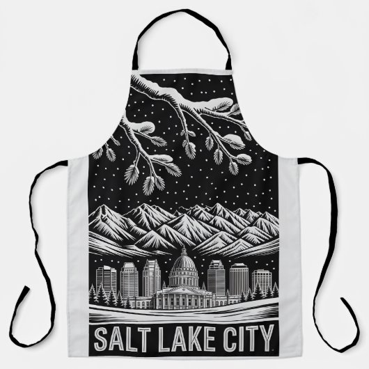 Salt Lake City Skyline Black and White Woodcut  Schürze (Vorderseite)