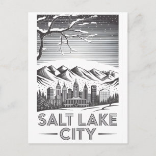 Salt Lake City Utah Skyline Schwarz Weiß Holzschni Feiertagspostkarte