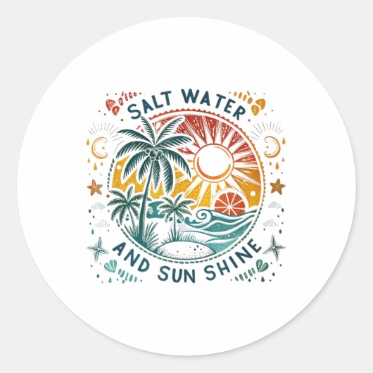 Salt Water Sun Shine Retro Summer Beach Vibes Runder Aufkleber (Vorderseite)