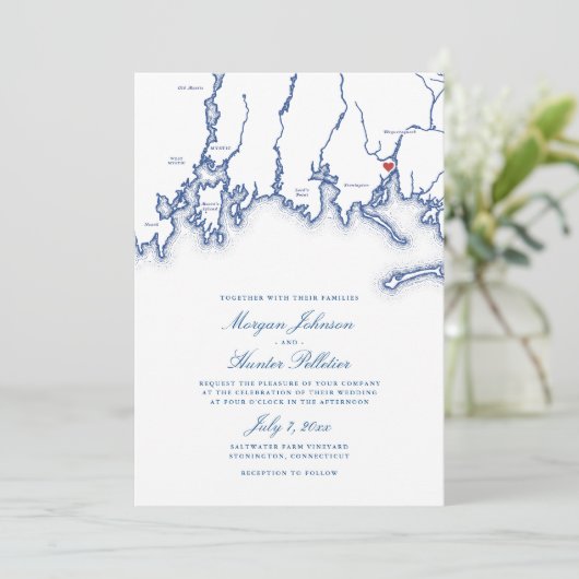 Saltwater Farm Vineyard Stonington CT Blue Wedding Einladung (Stehend Vorderseite)