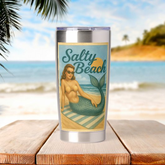 Salty Beach Pin-Up Mermaid -Retro Coastal Life Art Thermobecher (Strand (gedreht))