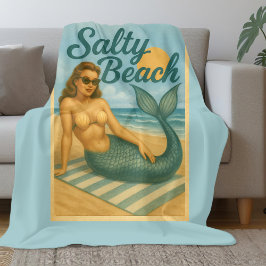 Salty Beach Retro Pin-Up Mermaid Art Funny Coastal Fleecedecke