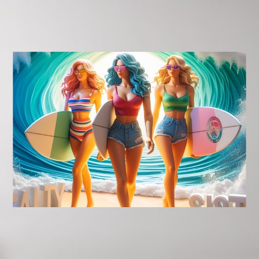 Salty Sisterhood Trio Girls Beach Walk Surfer Poster (Vorne)