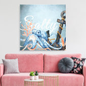 Salty Watercolor Octopus und Anchor Nautical Beach Leinwanddruck (Insitu (Wohnzimmer))