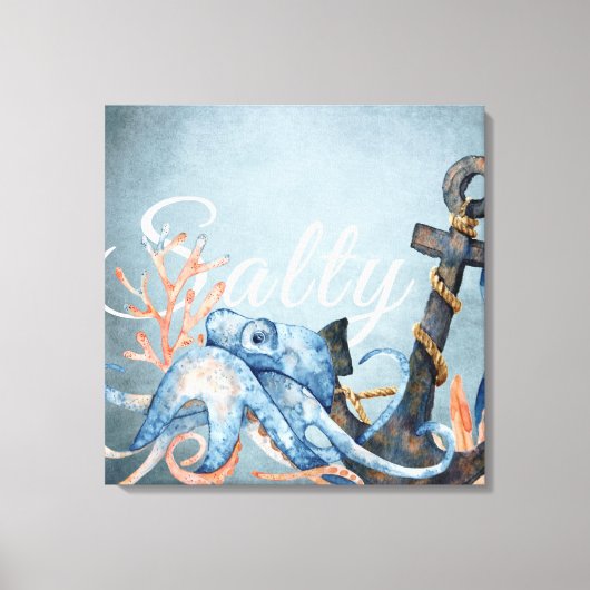 Salty Watercolor Octopus und Anchor Nautical Beach Leinwanddruck (Vorderseite)