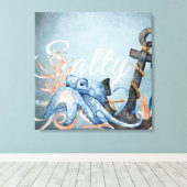 Salty Watercolor Octopus und Anchor Nautical Beach Leinwanddruck (Insitu (Holzboden))
