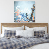 Salty Watercolor Octopus und Anchor Nautical Beach Leinwanddruck (Insitu (Schlafzimmer))
