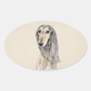 Saluki (Fawn) Malerei - Niedliche Original Hunde K Ovaler Aufkleber