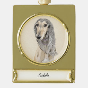 Saluki (Fawn) Malerei - Niedliches Original Hund A Banner-Ornament Gold