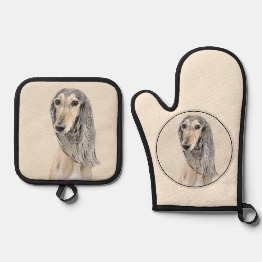 Saluki Painting Fawn Sable Niedlich Original Hunde Ofenhandschuh & Topflappen-Set (Vorderseite)