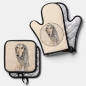 Saluki Painting Fawn Sable Niedlich Original Hunde Ofenhandschuh & Topflappen-Set (Vorderseite/Rückseite)