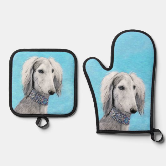 Saluki Painting Silver Feathered Original Dog Art Ofenhandschuh & Topflappen-Set (Vorderseite)