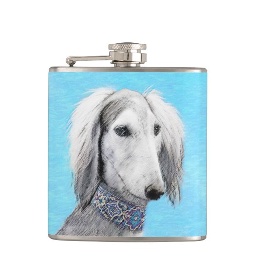Saluki (Silber) Malerei - Niedliche Original Hunde Flachmann (Vorderseite)