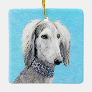 Saluki (Silber) Malerei - Niedliche Original Hunde Keramikornament