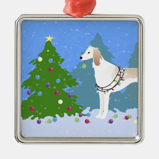 Saluki zieren einen Weihnachtsbaum im Wald Silbernes Ornament (Vorne)