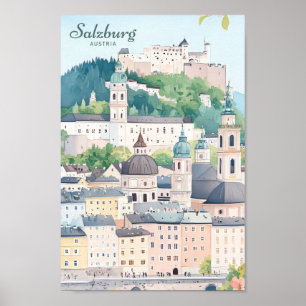 Salzburg Österreich Gouache Paint Illustration Tra Poster