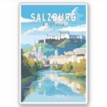 Salzburg Österreich Reisen Kunst Vintag Aufkleber<br><div class="desc">Salzburger Retrovektor-Reisedesign. Salzburg ist eine österreichische Stadt an der Grenze zu Deutschland mit Blick auf die Ostalpen. Die Stadt wird durch die Salzach geteilt,  mit mittelalterlichen und barocken Gebäude der FußgängerAltstadt an ihrem links Ufer,  gegenüber der Neustadt aus dem 19. Jahrhundert auf der rechten Seite.</div>