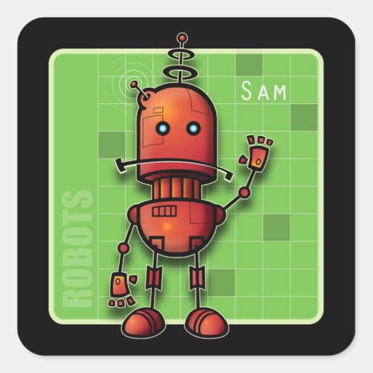 Sam the Robot Quadratischer Aufkleber (Vorderseite)