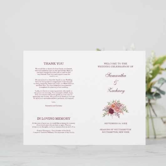Samantha Elegant Burgundy Folded Wedding Program (Stehend Vorderseite)