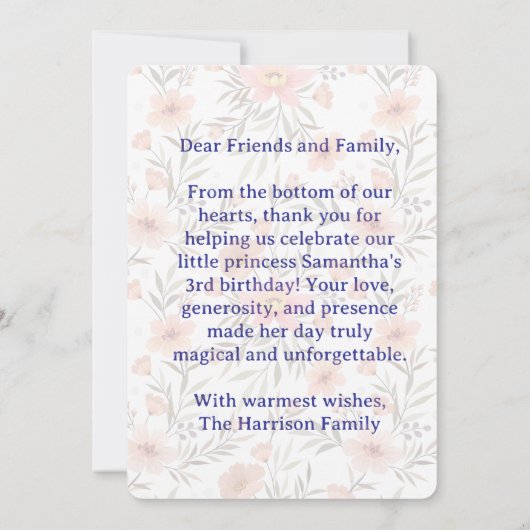 Samantha Floral Thank You Card, 3rd Birthday Dankeskarte (Rückseite)