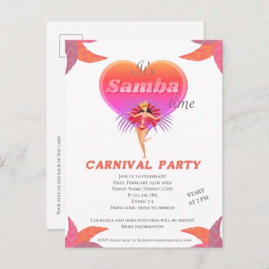 Samba Tanz brasilianischen Karneval Einladung Post (Vorne/Hinten)