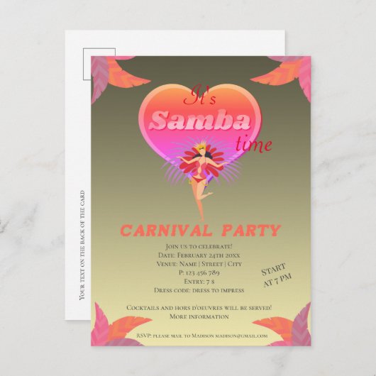 Samba Tanz brasilianischen Karneval Einladung Post (Vorne/Hinten)