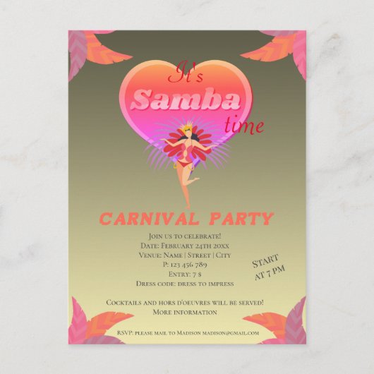 Samba Tanz brasilianischen Karneval Einladung Post (Vorderseite)