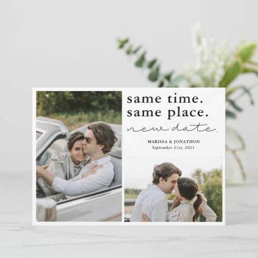 Same Time Same Place New Date Save The Date Card (Stehend Vorderseite)